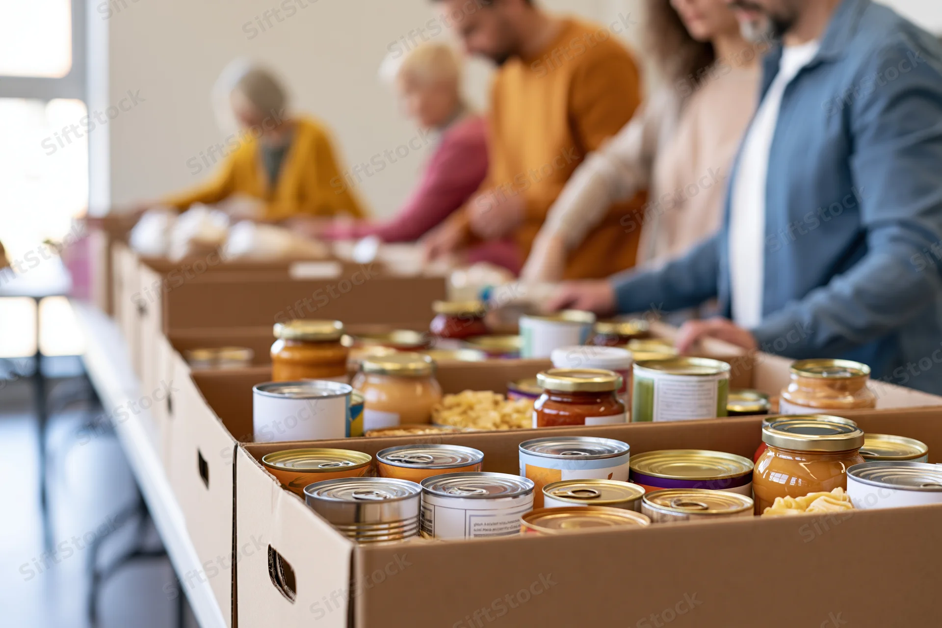Volunteers sorting canned goods and jars in cardboard boxes at a food donation center