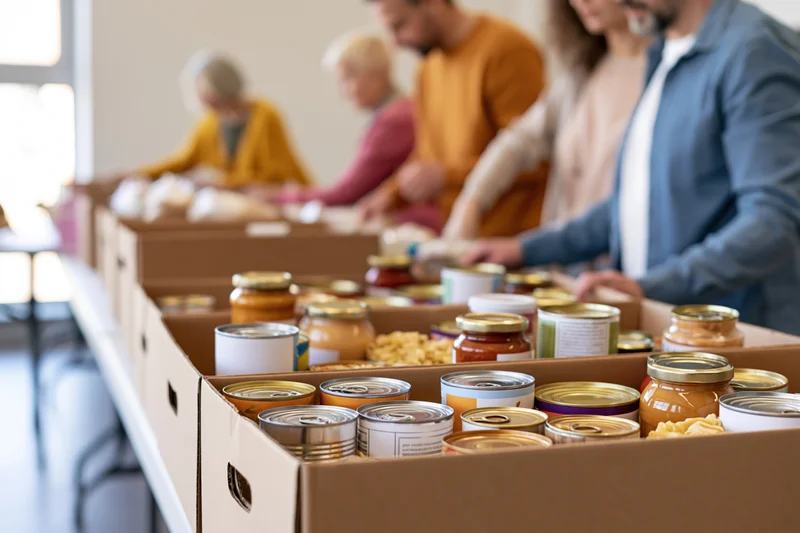 Volunteers sorting canned goods and jars in cardboard boxes at a food donation center