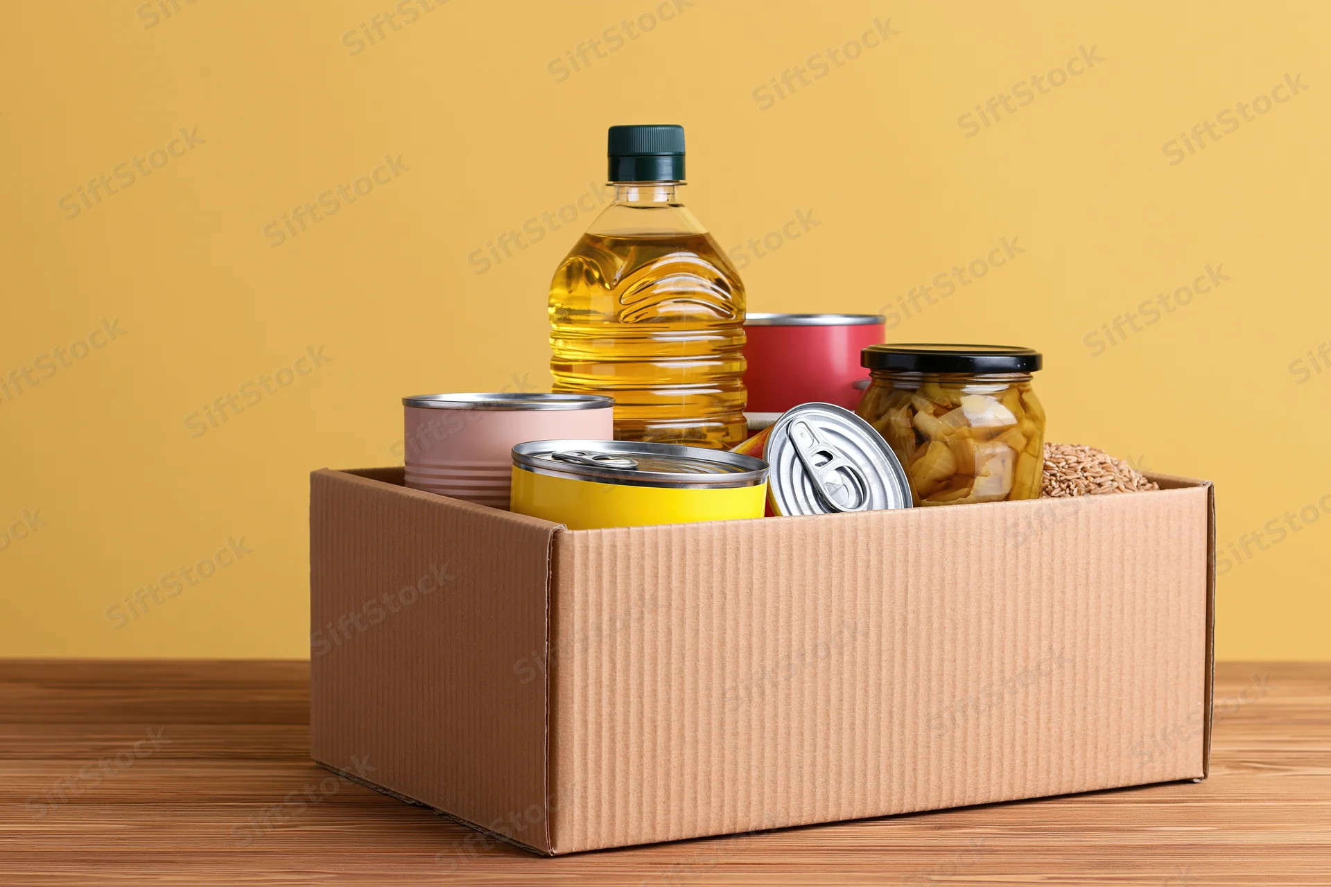 Cardboard donation box filled with pantry staples including cooking oil, cans, and jars on a wooden surface