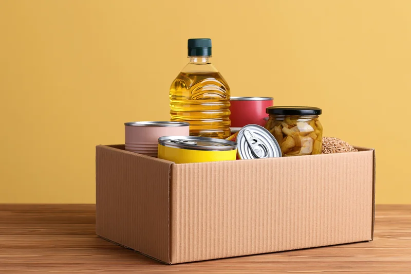 Cardboard donation box filled with pantry staples including cooking oil, cans, and jars on a wooden surface