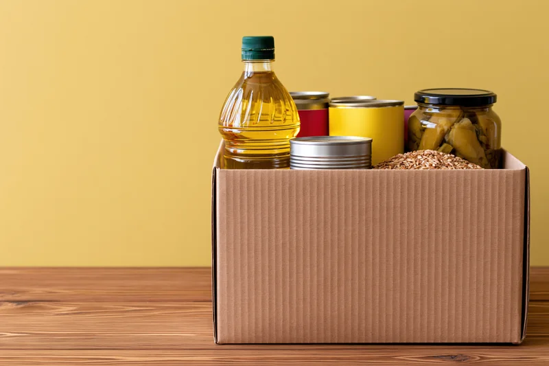 Cardboard donation box filled with pantry staples on wooden surface