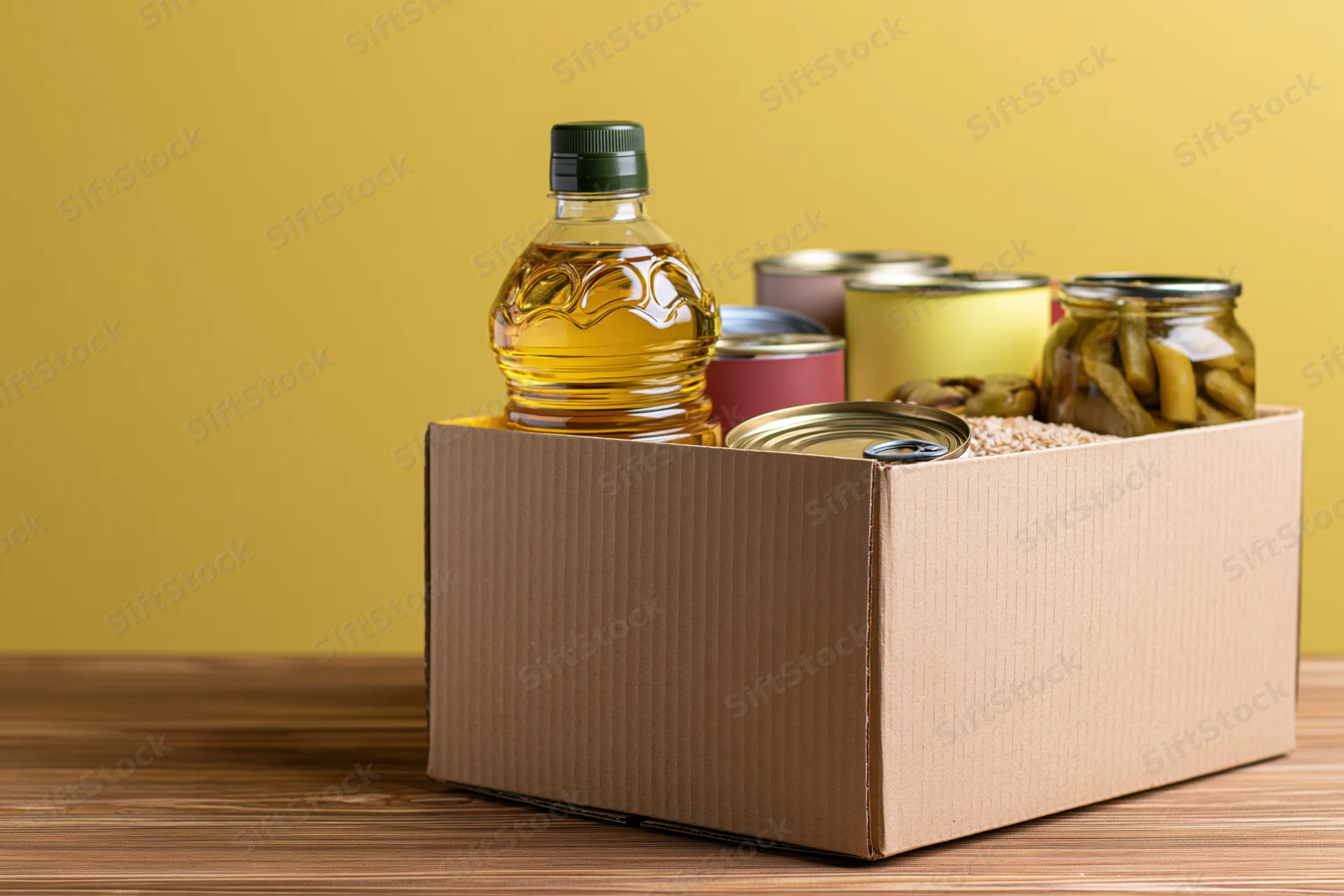 Cardboard box filled with pantry staples including cooking oil and canned goods on wooden table
