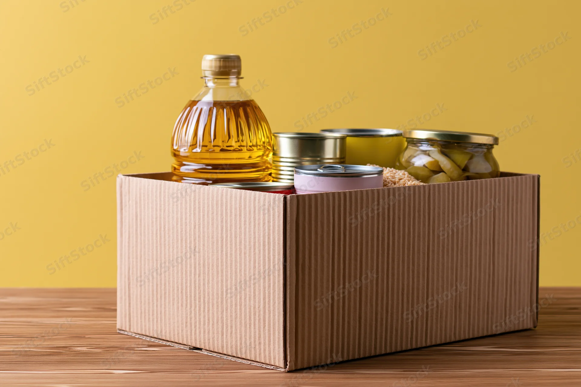 Cardboard donation box filled with pantry staples including cooking oil, jars, and cans on wooden table
