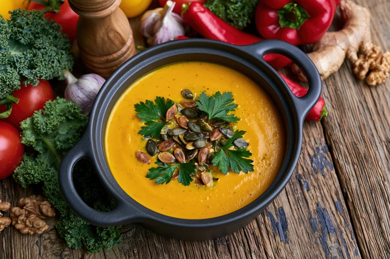 Creamy orange pumpkin soup in a cast iron pot garnished with parsley and seeds on a rustic wooden table surrounded by fresh vegetables