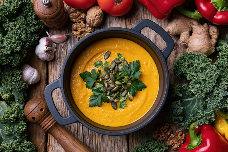 Creamy orange pumpkin soup garnished with parsley and pumpkin seeds on a rustic wooden table surrounded by fresh vegetables and spices
