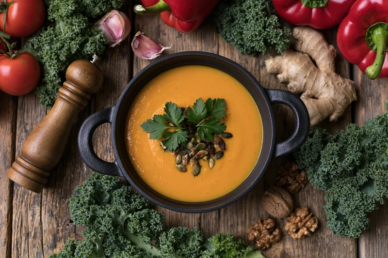 Creamy orange pumpkin soup in a cast iron pot garnished with parsley and seeds on a rustic wooden table surrounded by fresh vegetables and herbs