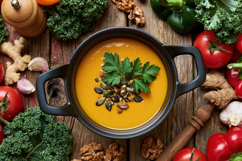 Creamy orange pumpkin soup in a cast iron pot garnished with parsley and seeds on a rustic wooden table surrounded by fresh vegetables and spices