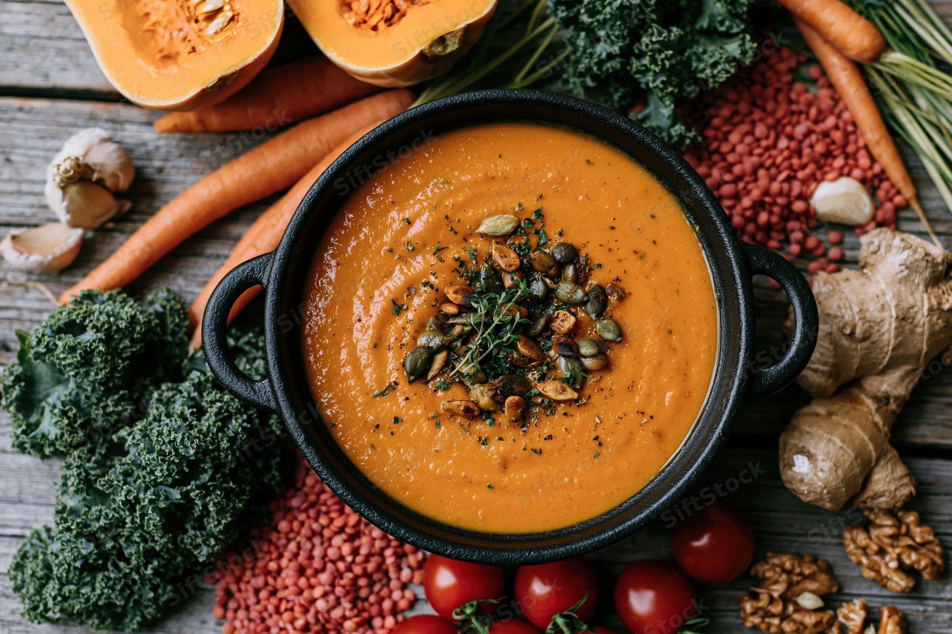 Smooth orange pumpkin soup in a cast iron pot garnished with seeds and herbs surrounded by fresh vegetables and legumes on a wooden table