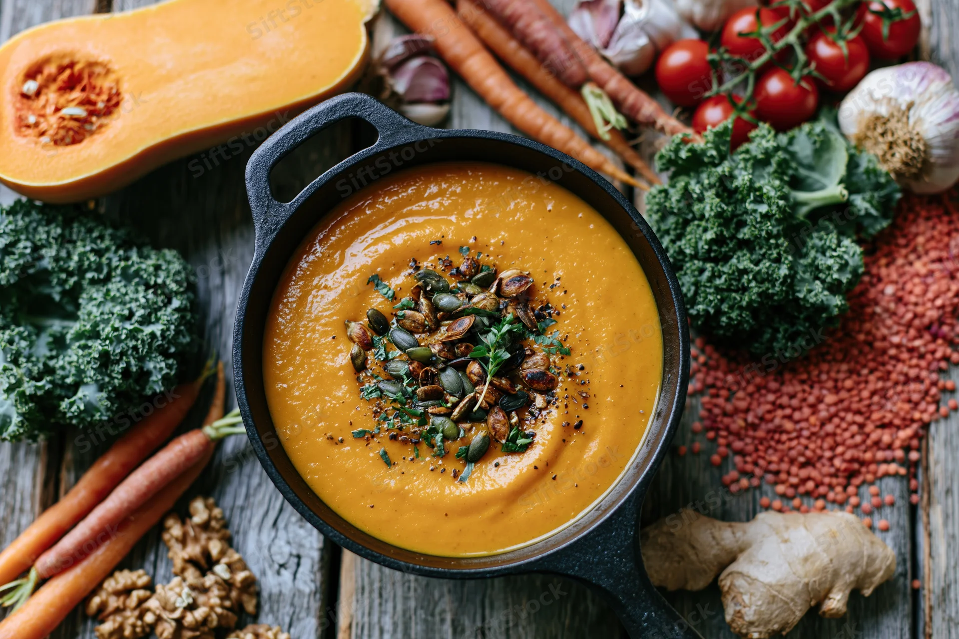 Smooth orange pumpkin soup in cast iron pot garnished with seeds and herbs surrounded by fresh vegetables on wooden table