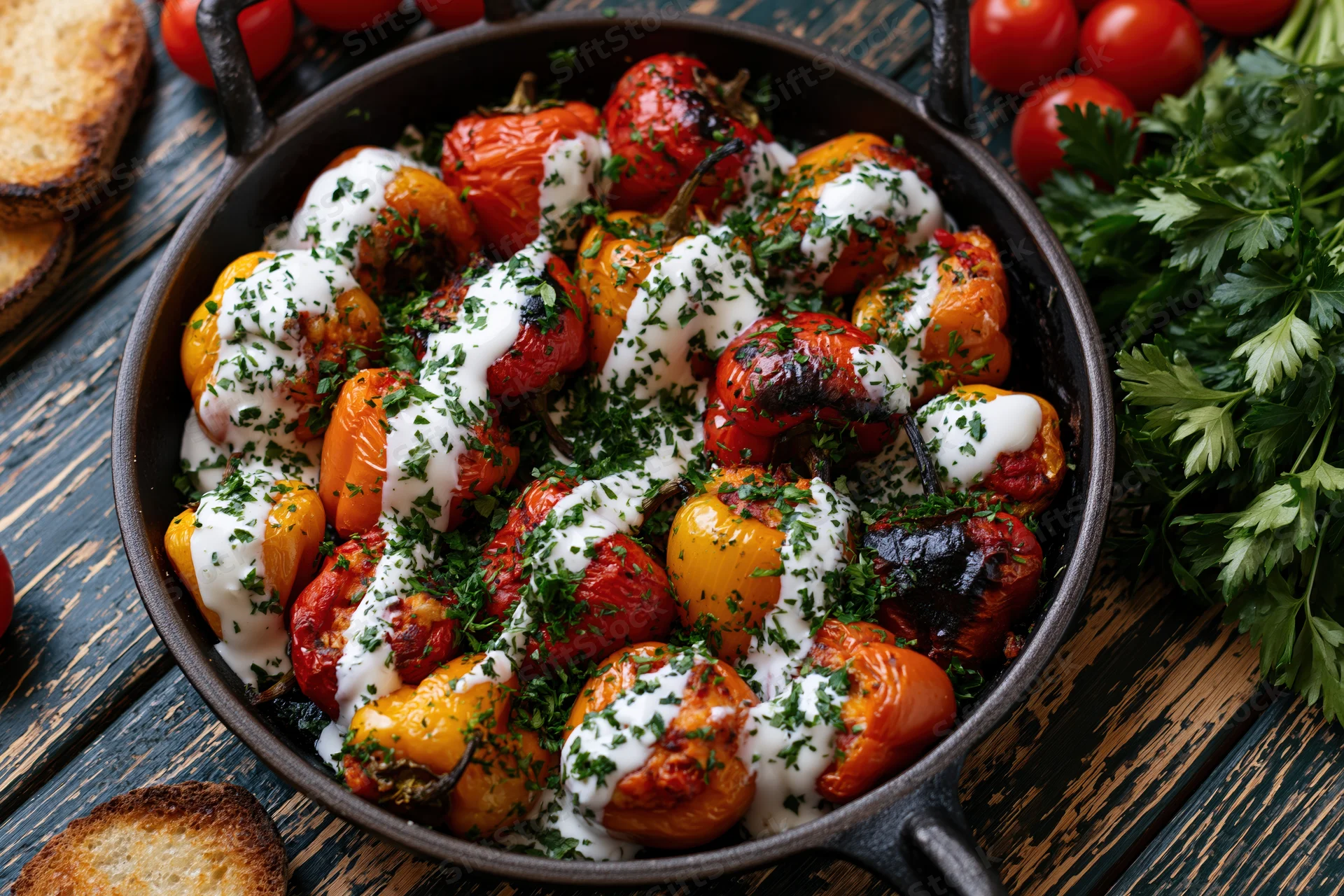 Roasted stuffed mini peppers in a cast iron skillet with cream and parsley on a wooden table