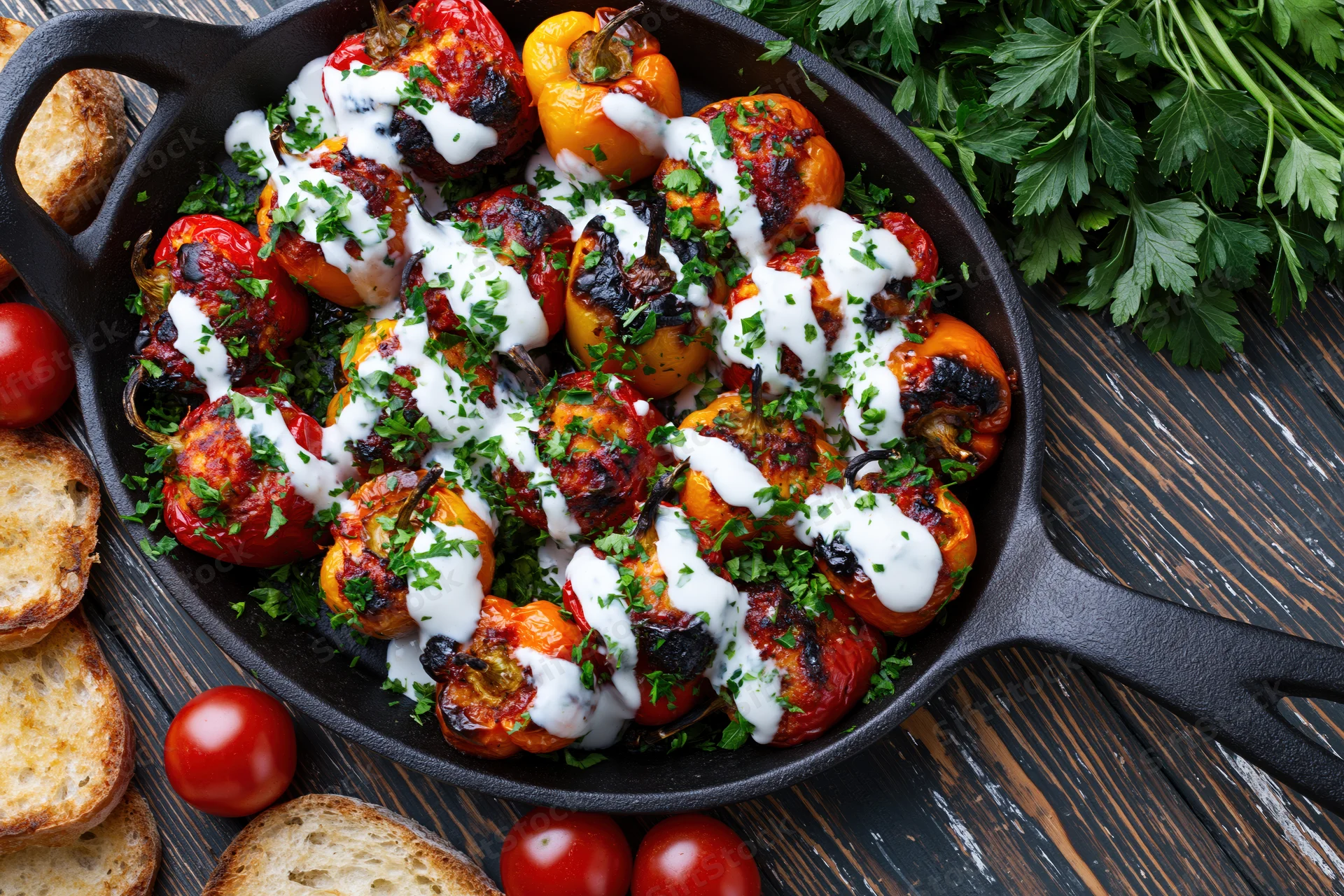 Roasted stuffed mini peppers in a cast iron skillet with creamy sauce and parsley garnish on a dark wooden table