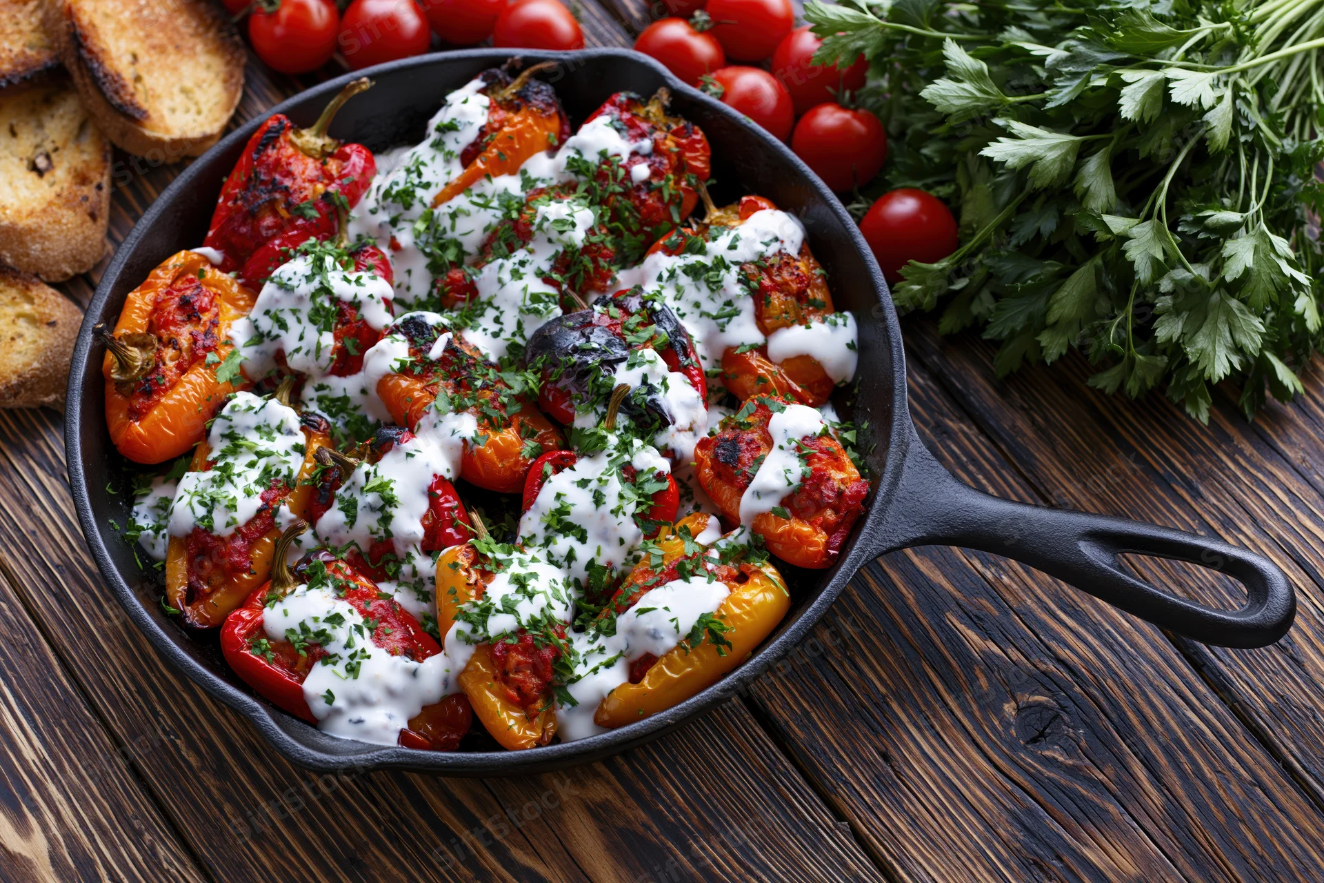 Roasted stuffed mini peppers in a cast iron skillet with yogurt and parsley on a wooden table
