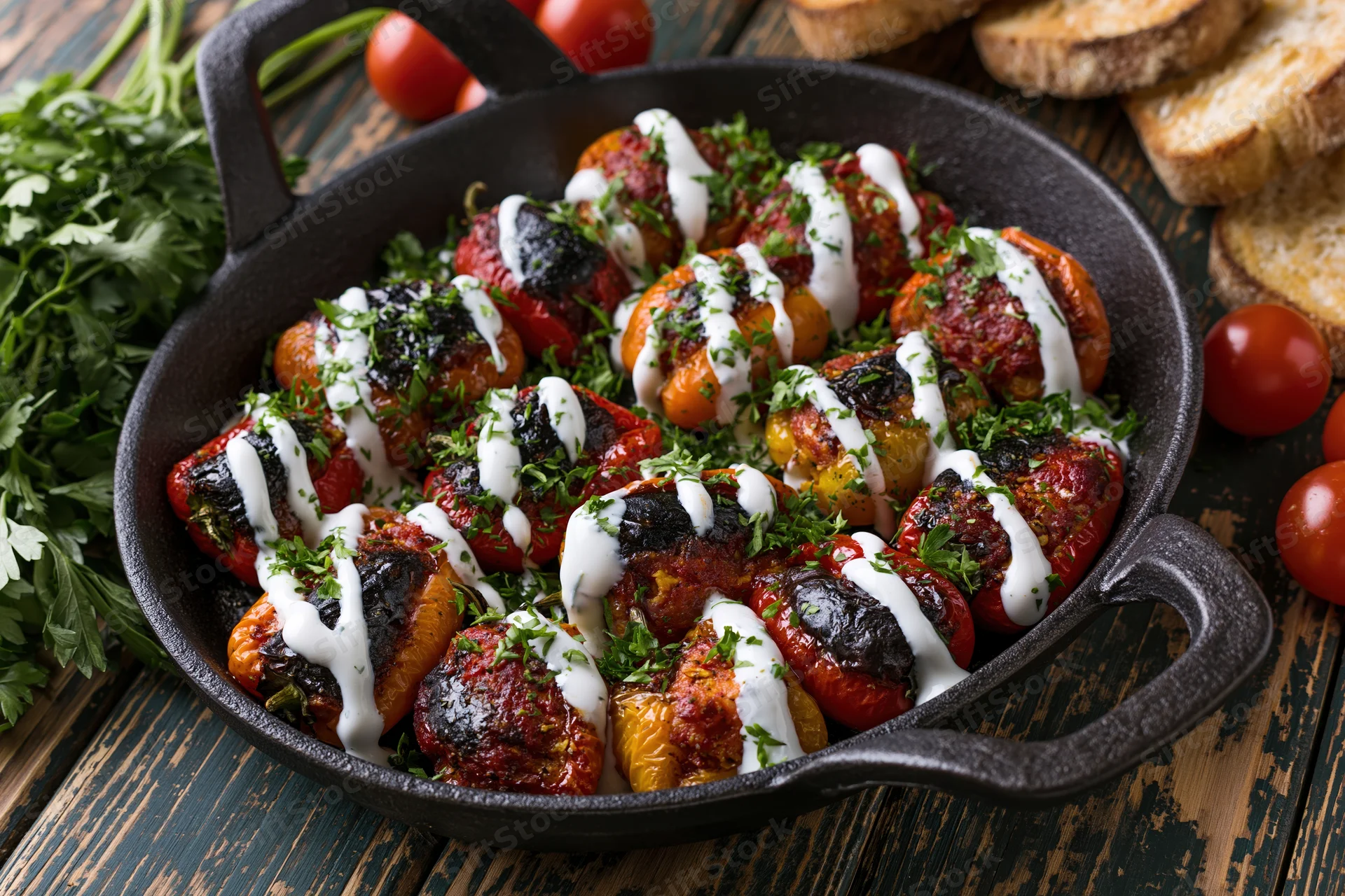 Roasted stuffed mini peppers in a cast iron skillet on a wooden table with fresh herbs and cherry tomatoes