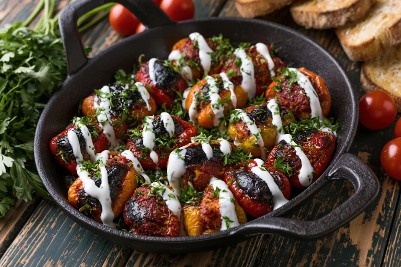 Roasted stuffed mini peppers in a cast iron skillet on a wooden table with fresh herbs and cherry tomatoes