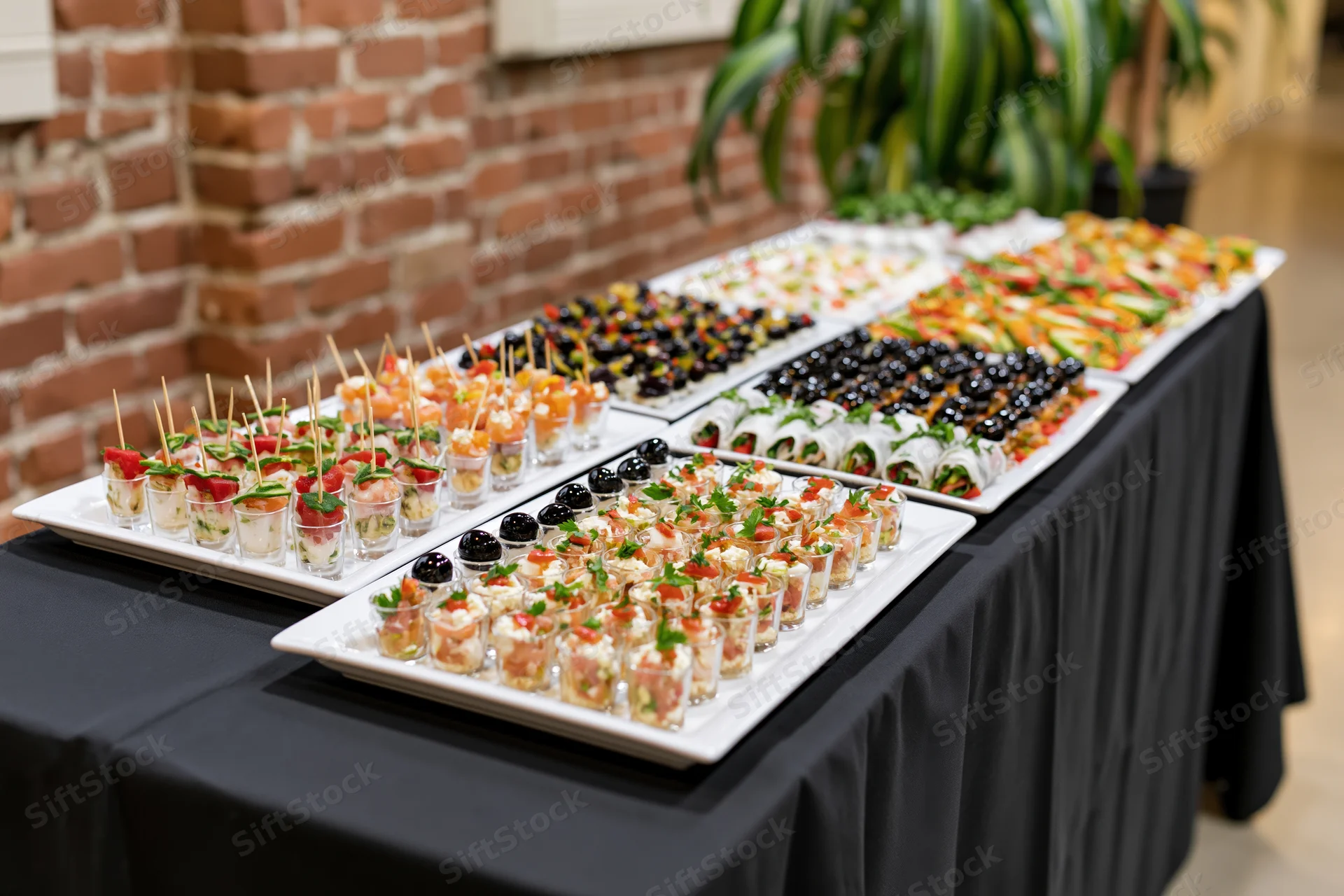 Catering buffet table with appetizers on white platters covered in black tablecloth indoors