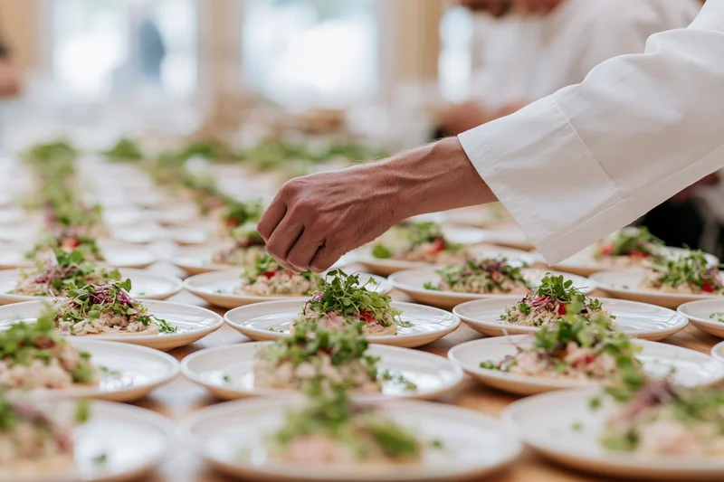 Chef garnishing rows of plated dishes on a dining table