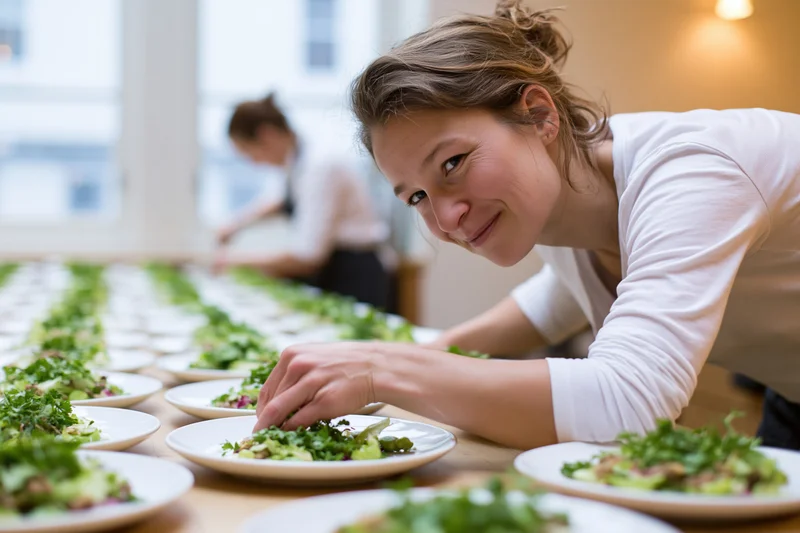 Woman garnishing salad plates in a restaurant kitchen