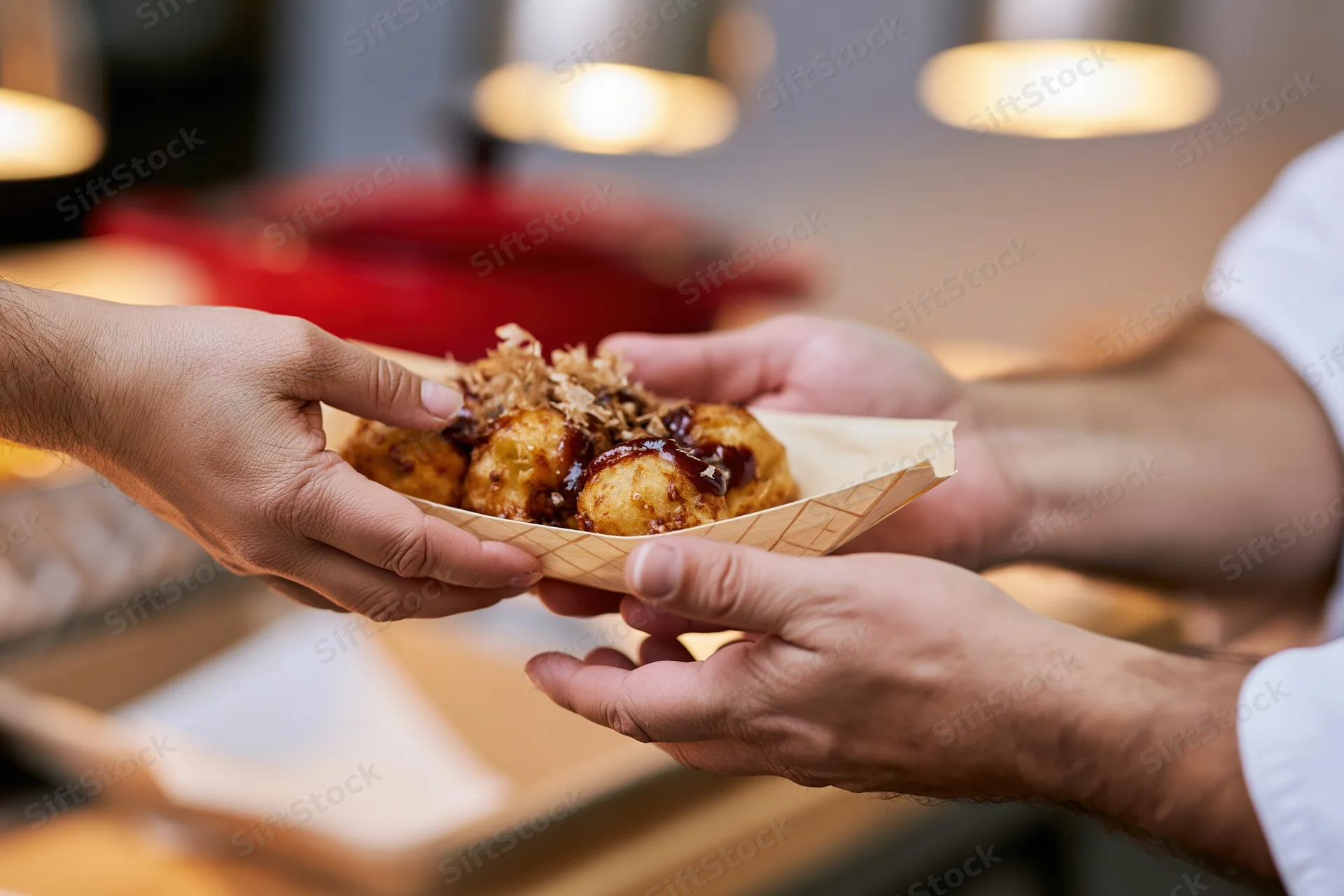 Chef handing a paper boat tray of takoyaki topped with dark sauce and shredded cabbage to a customer in a restaurant kitchen