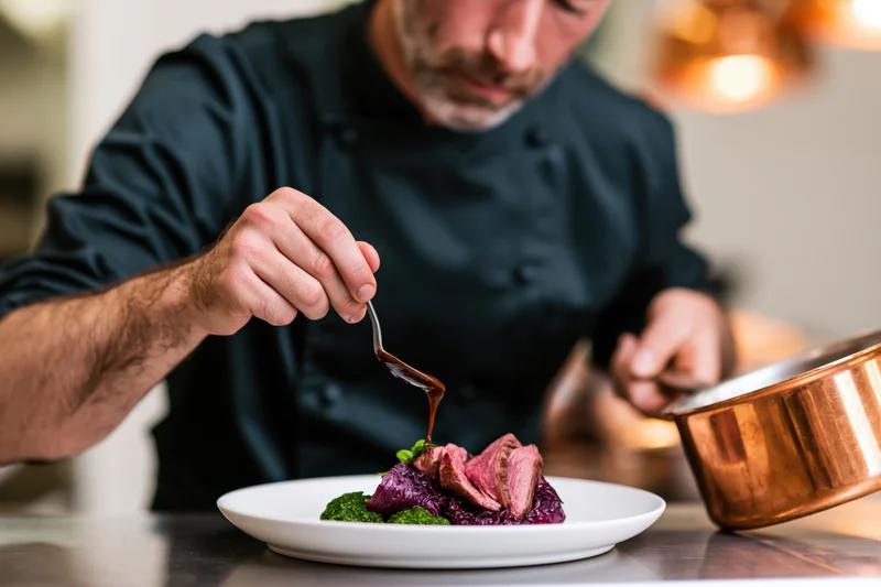 Chef plating sliced red meat with sauce on a white plate in a restaurant kitchen