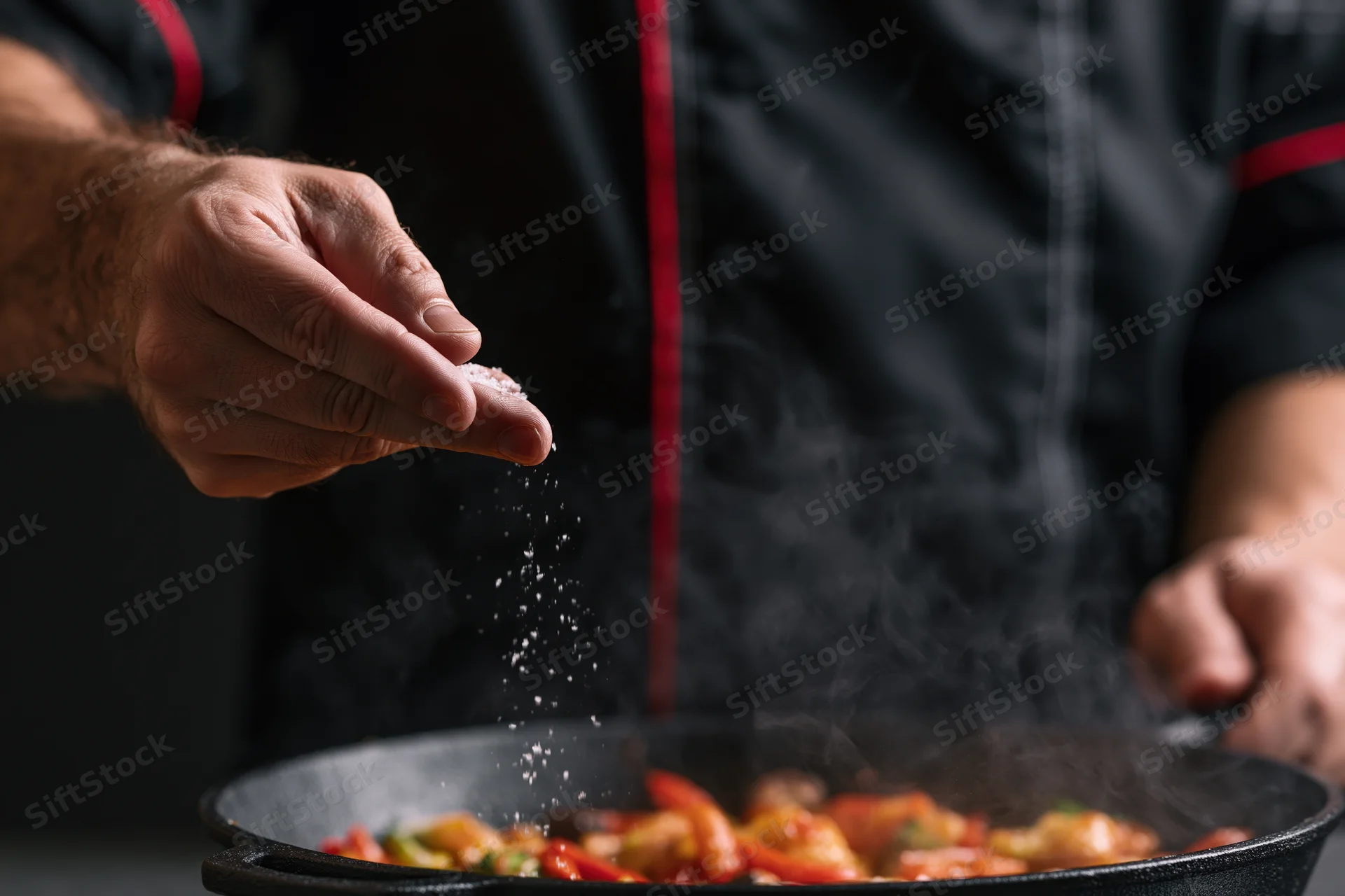 Chef sprinkling salt over steaming vegetables in a cast iron pan