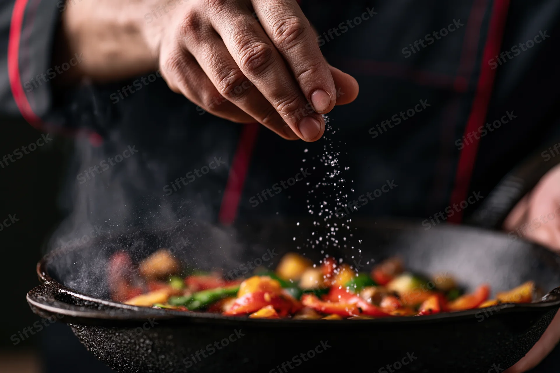 Chef sprinkling salt over steaming vegetables in a cast iron pan
