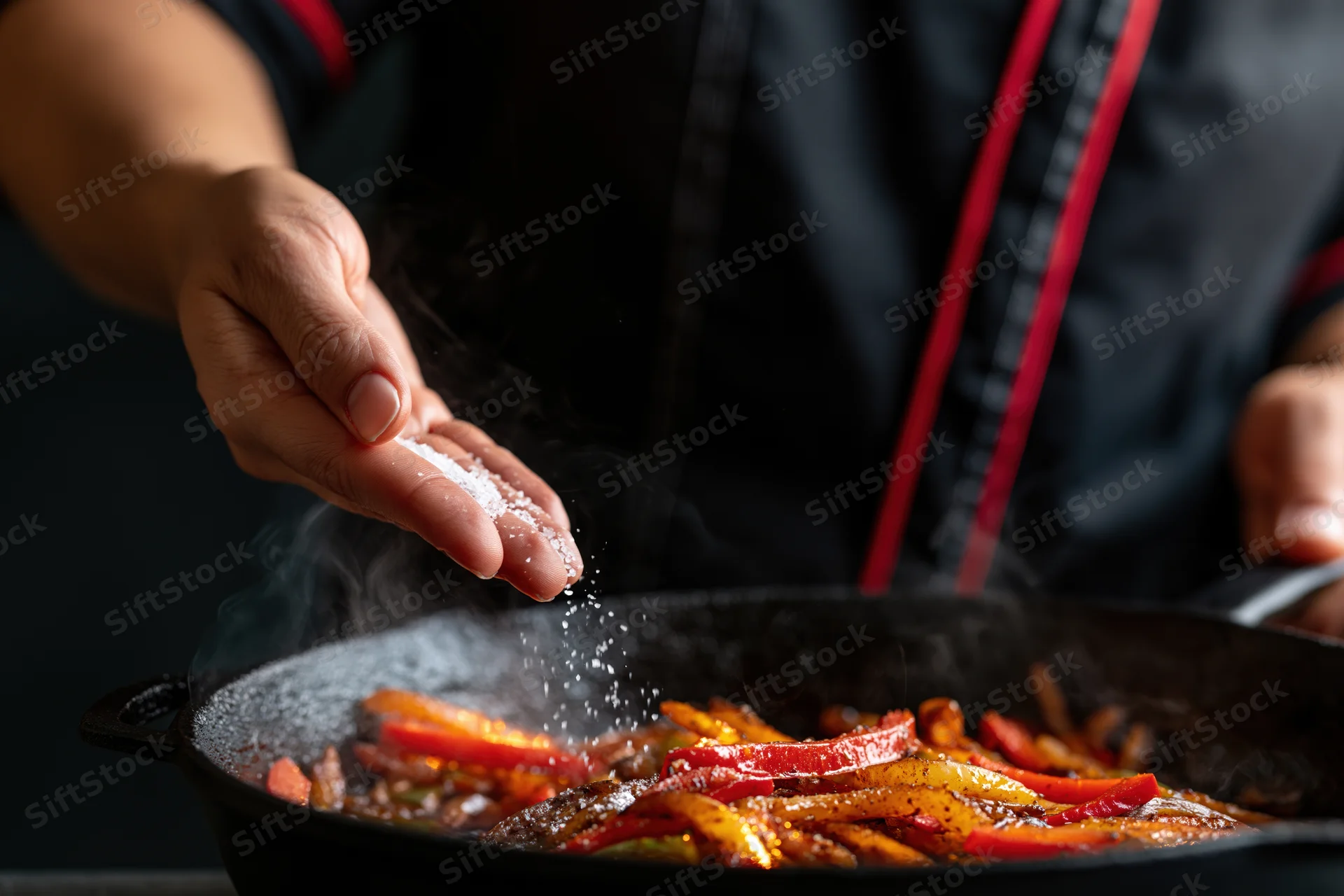 Chef sprinkling salt over sizzling vegetables in a cast iron skillet