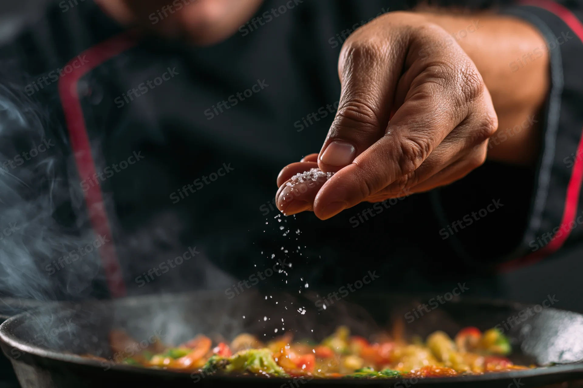 Chef sprinkling salt from fingers onto steaming vegetables in a frying pan