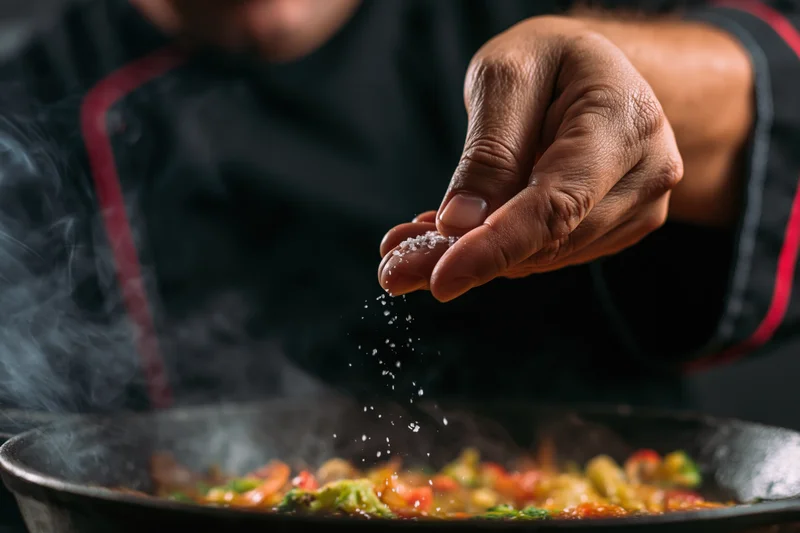 Chef sprinkling salt from fingers onto steaming vegetables in a frying pan