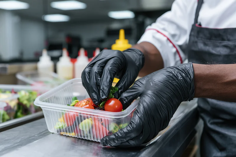 Chef placing garnish on salad in plastic container on kitchen counter