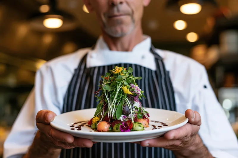 Chef holding a plated gourmet salad with edible flowers and microgreens in a restaurant kitchen
