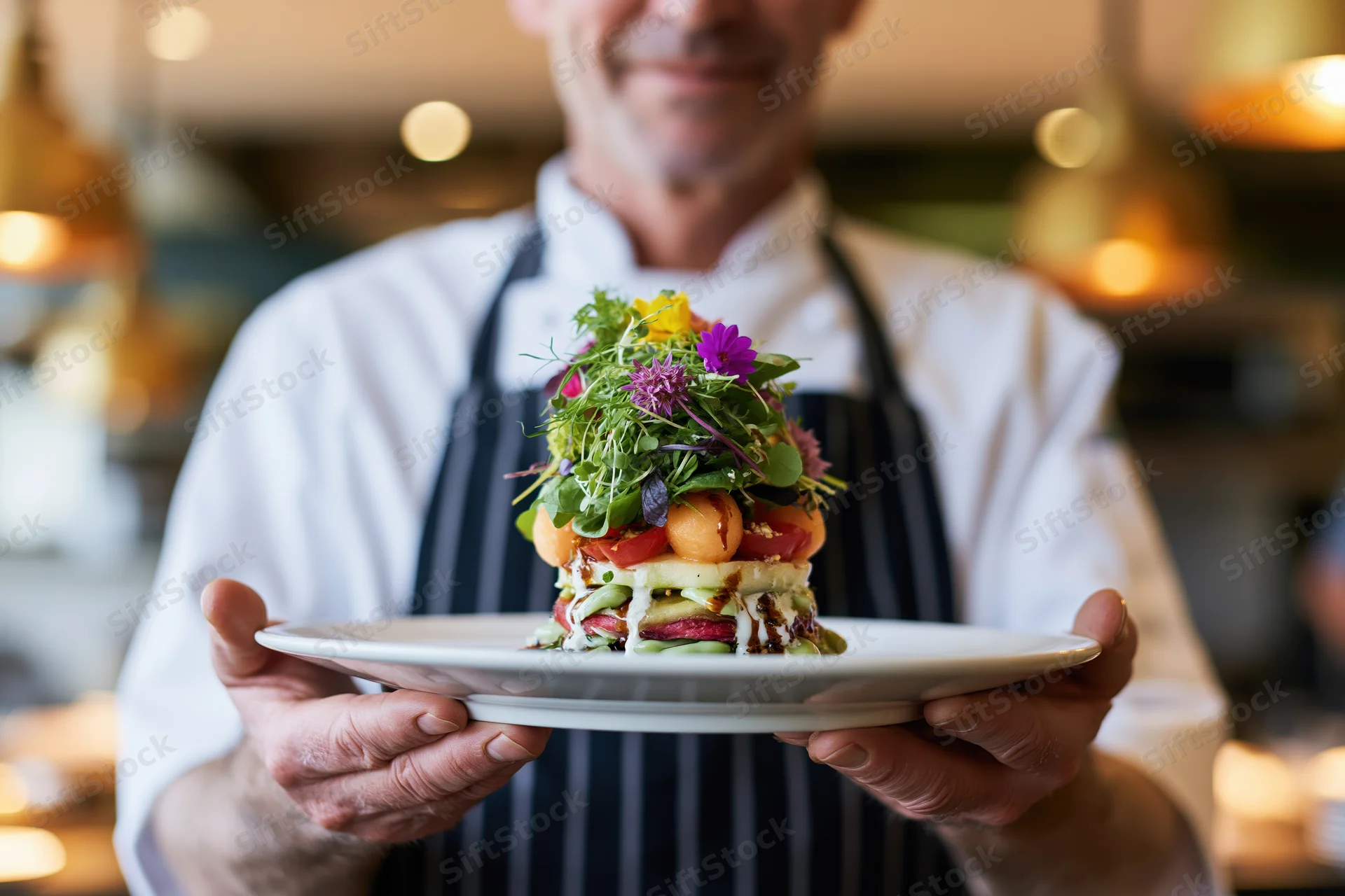 Chef holding a layered salad with edible flowers and microgreens on a white plate in a restaurant kitchen