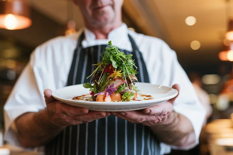 Chef holding a plated salad with microgreens and edible flowers in a restaurant