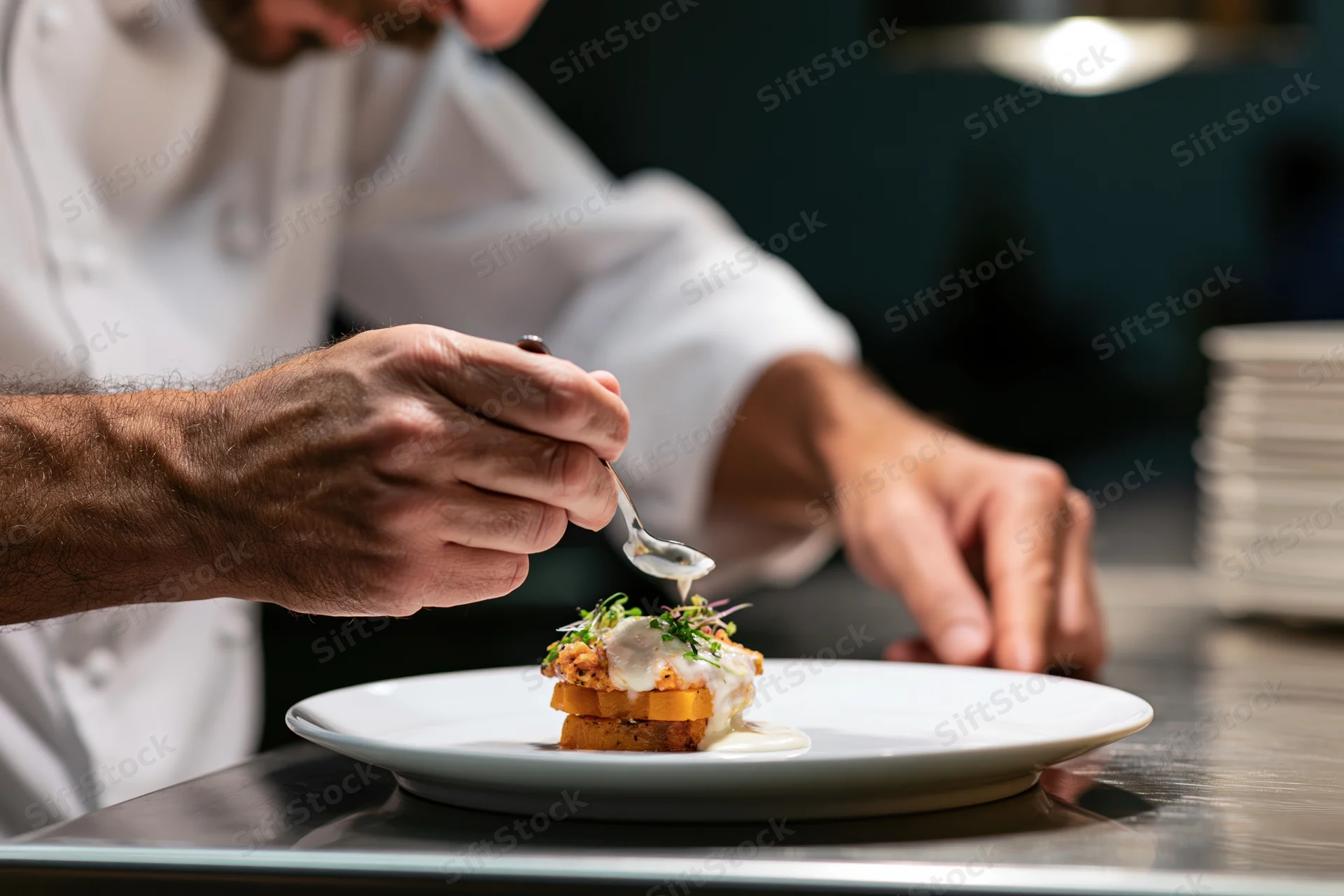Chef drizzling sauce over plated dish in kitchen