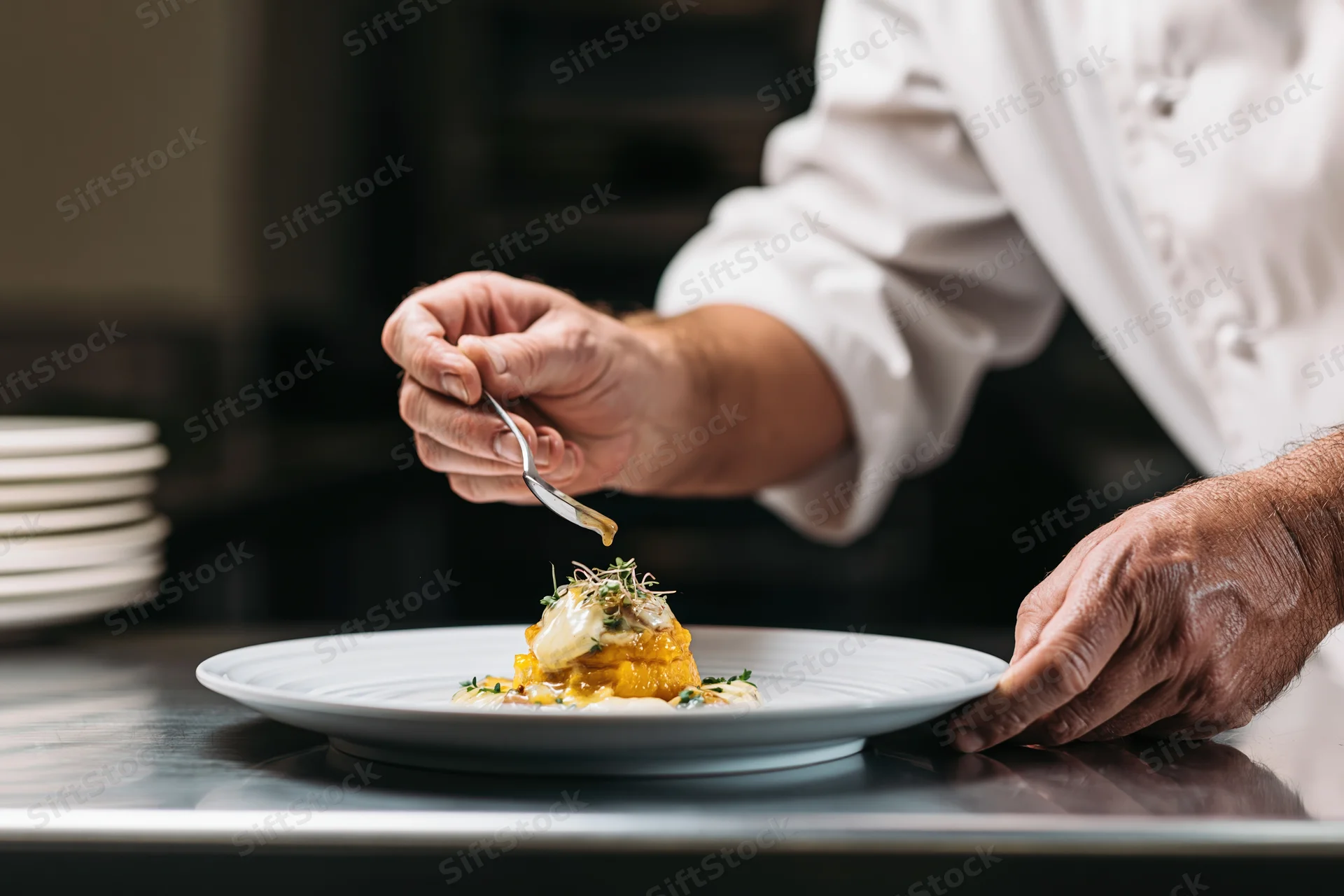 Chef drizzling sauce over plated dish in restaurant kitchen