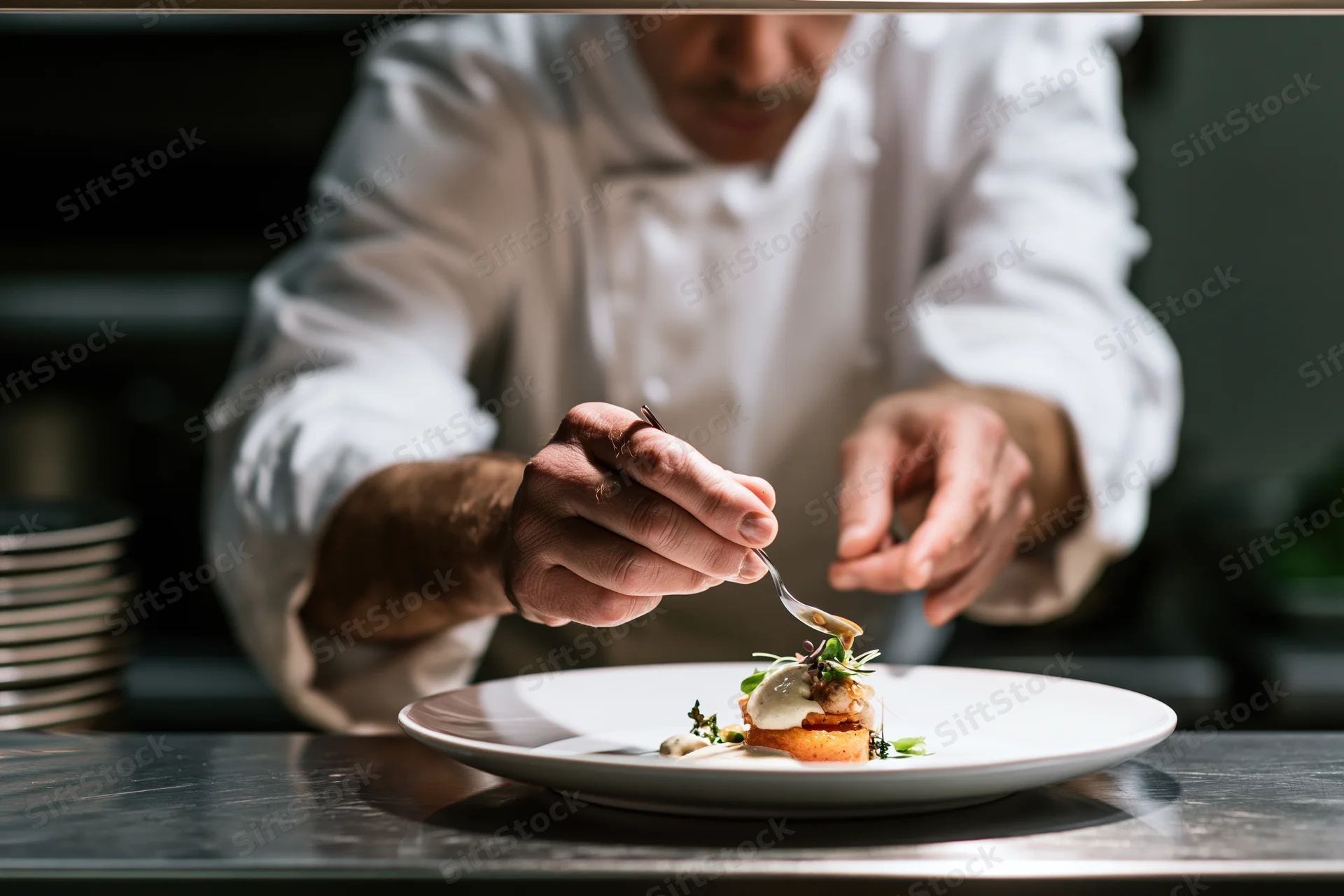 Chef drizzling sauce over plated dish in restaurant kitchen
