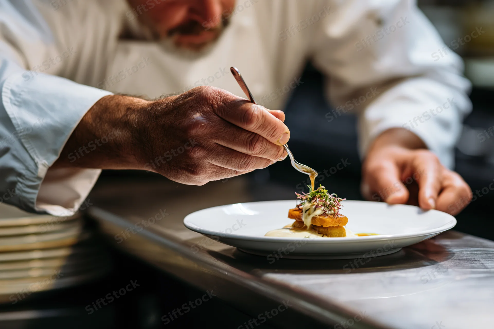 Chef drizzling sauce over plated dish in restaurant kitchen