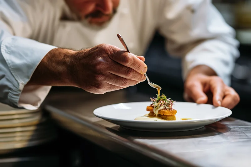 Chef drizzling sauce over plated dish in restaurant kitchen