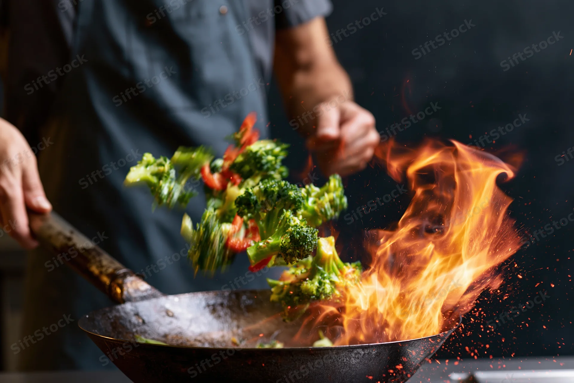 Chef tossing stir-fry vegetables with flames in a wok