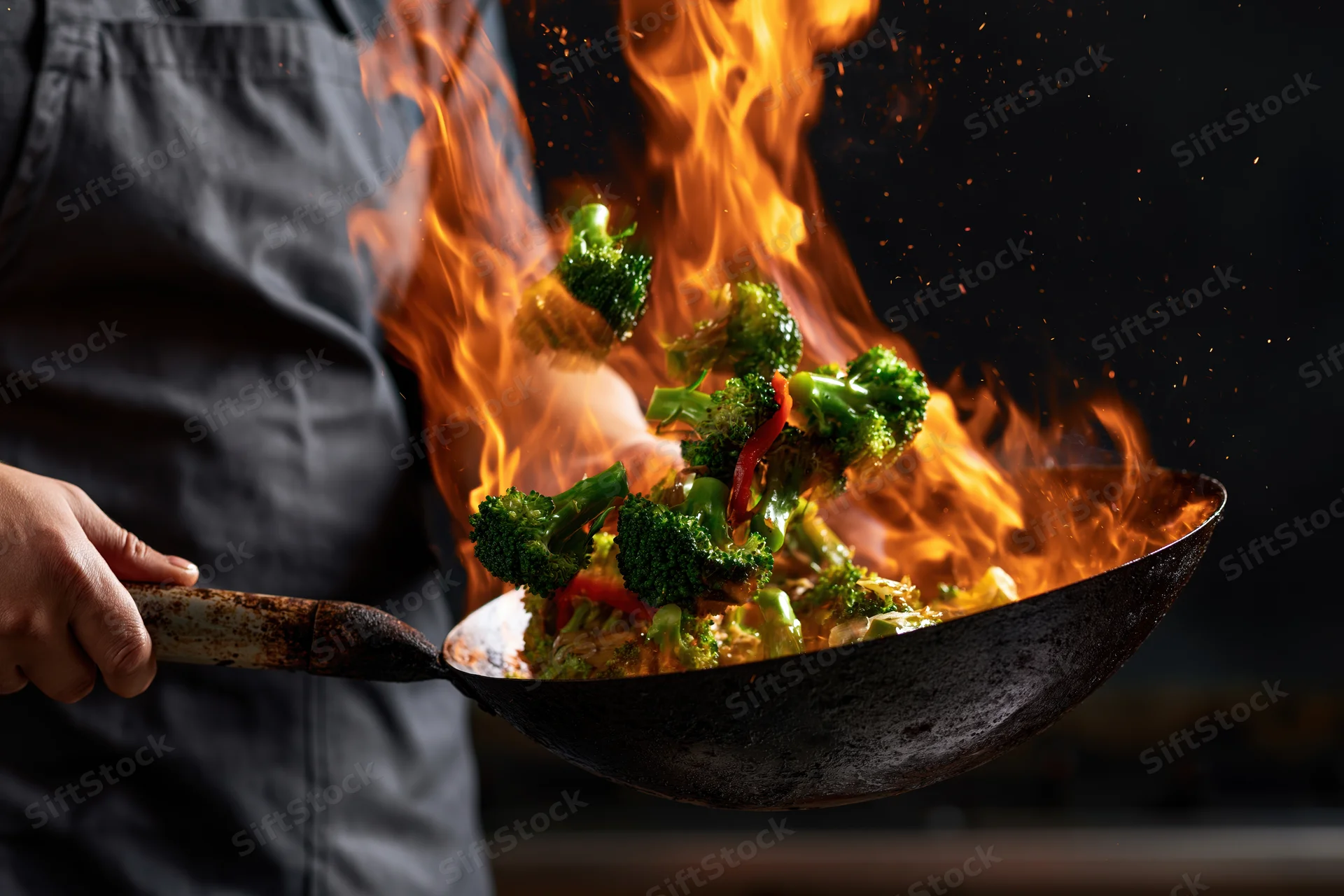 Chef tossing stir-fry vegetables with flames in a wok