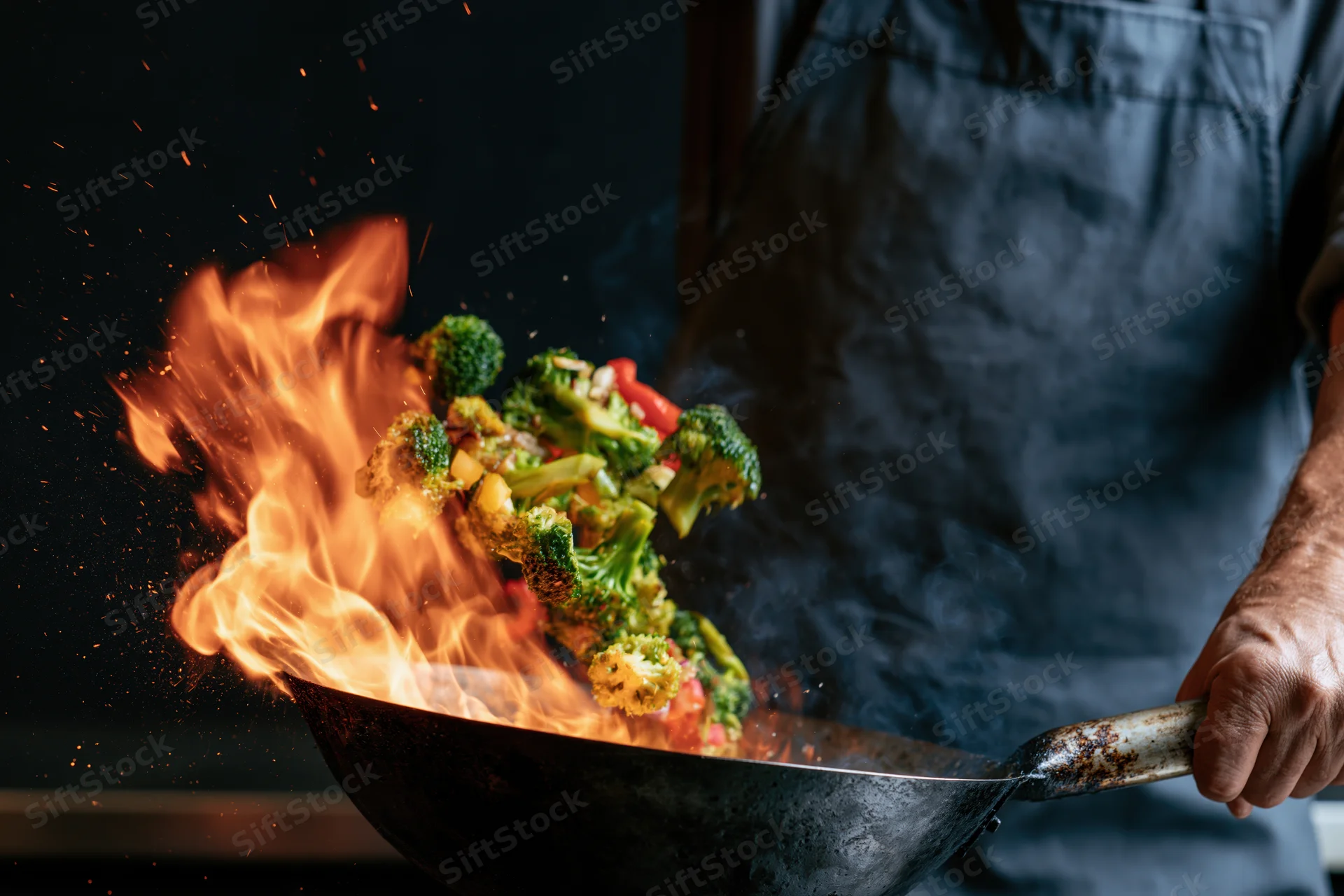 Chef tossing stir-fry vegetables mid-air in a wok with flames and sparks in a dark kitchen