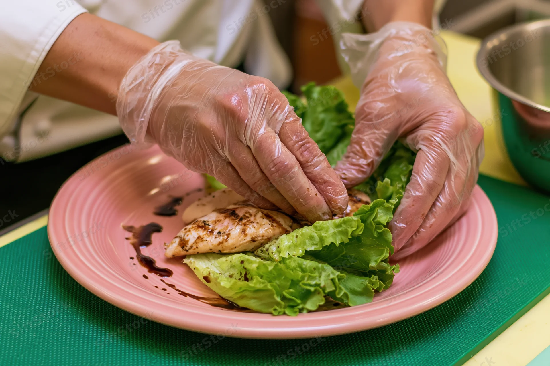 Chef’s gloved hands arranging grilled chicken and lettuce on a pink plate in a kitchen