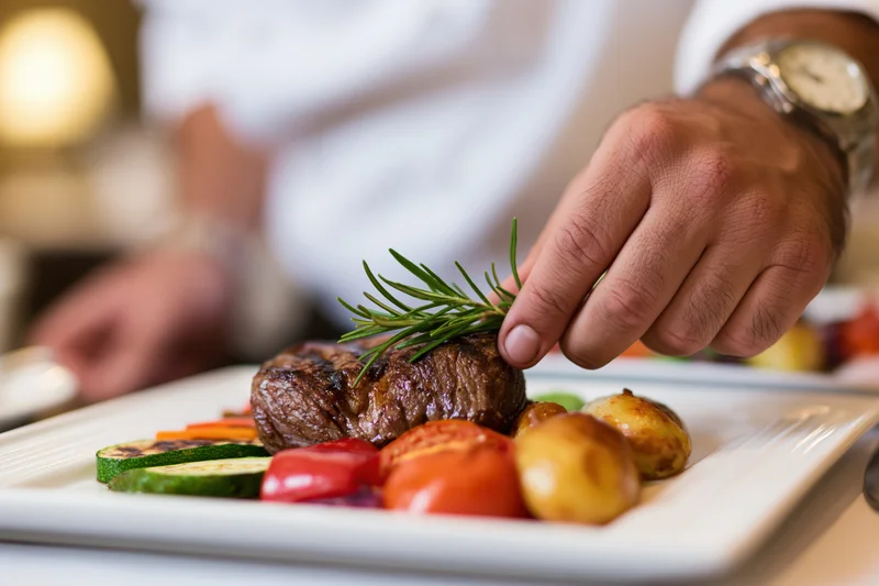 Chef's hand placing a rosemary sprig on a grilled steak served with vegetables on a white plate