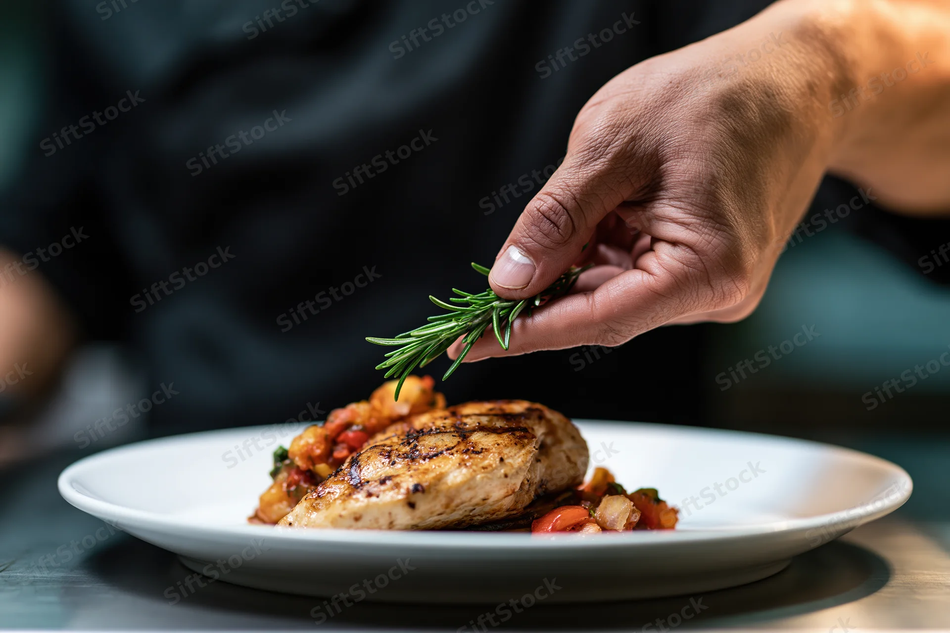 Chef's hand placing a fresh rosemary sprig onto a plated grilled chicken dish