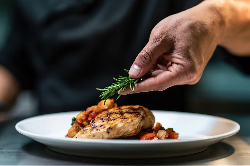 Chef's hand placing a fresh rosemary sprig onto a plated grilled chicken dish