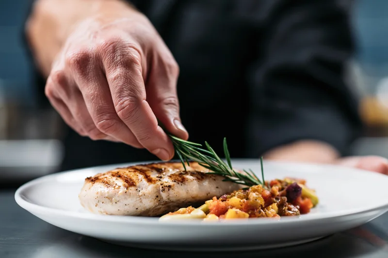 Chef's hand placing a rosemary sprig on a grilled chicken dish on a white plate