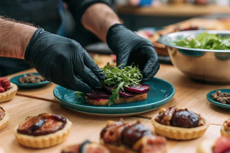 Chef's hands in black nitrile gloves arranging fresh arugula on a beet sandwich on a teal plate in a kitchen setting