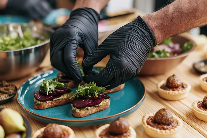 Chef's hands in black nitrile gloves arranging arugula on beet toast with avocado spread on a teal plate surrounded by small tarts and bowls of salad on a wooden table