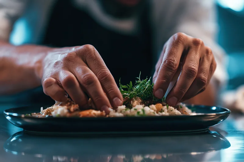 Chef's hands garnishing a seafood dish with fresh herbs on a dark plate