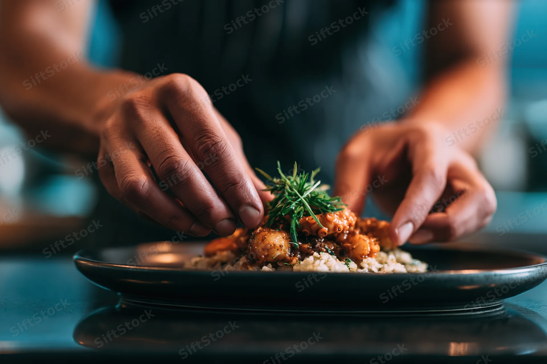Chef's hands placing fresh herb garnish on plated seafood dish