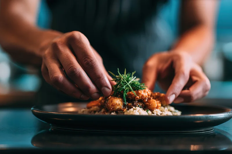 Chef's hands placing fresh herb garnish on plated seafood dish